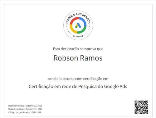 Certificado Google Ads Rede de Pesquisa — Robson Felipe Ramos